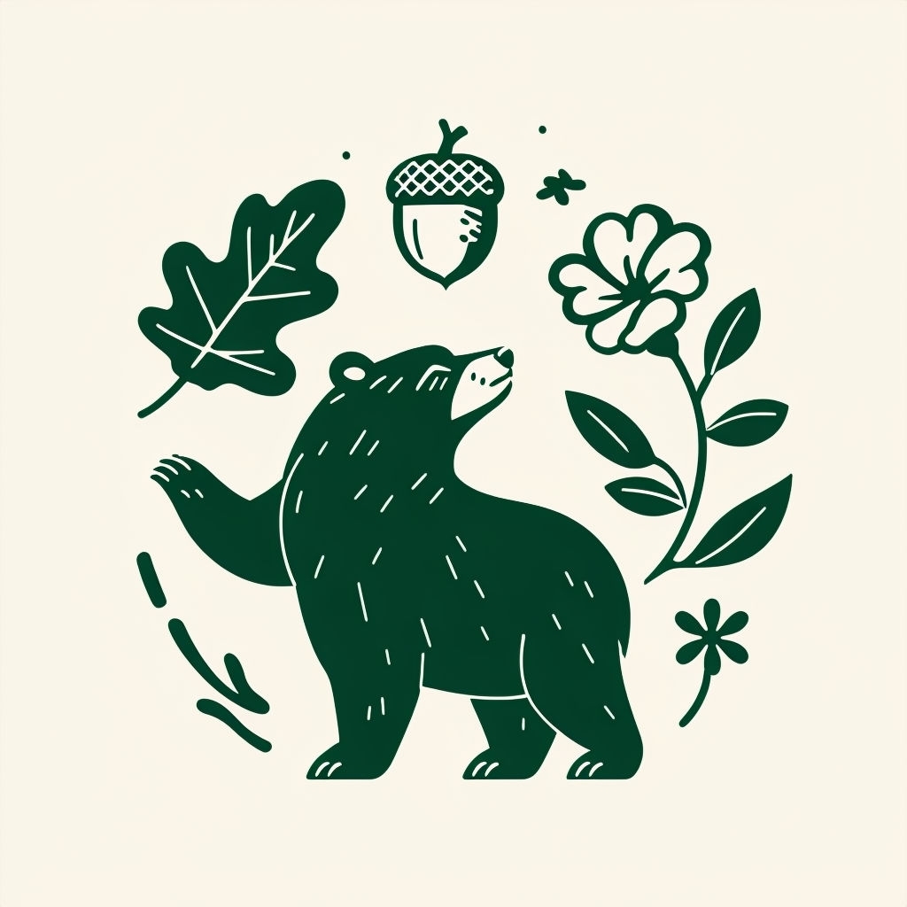 Minimalist Forest Green Bear with Nature Elements T-shirt