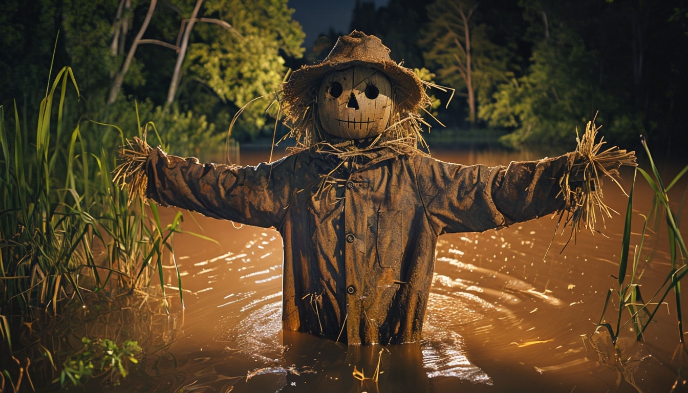 Eerie Scarecrow Nighttime Scene in Flooded Landscape Background
