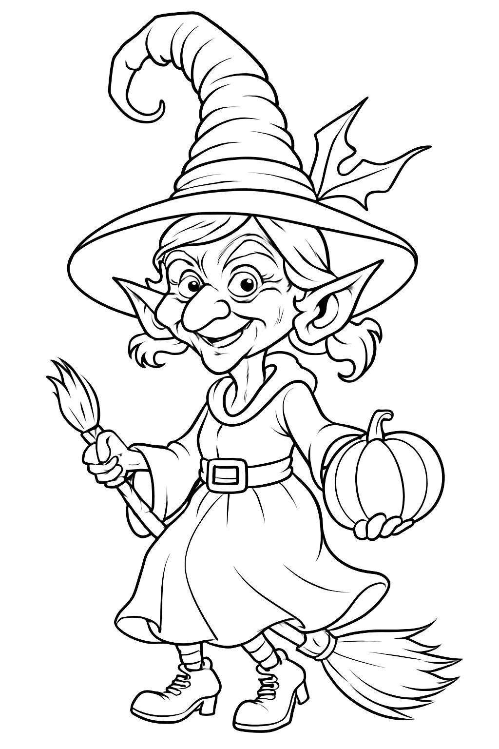 Cheerful Cartoon Witch with Pumpkin and Paintbrush Coloring Page