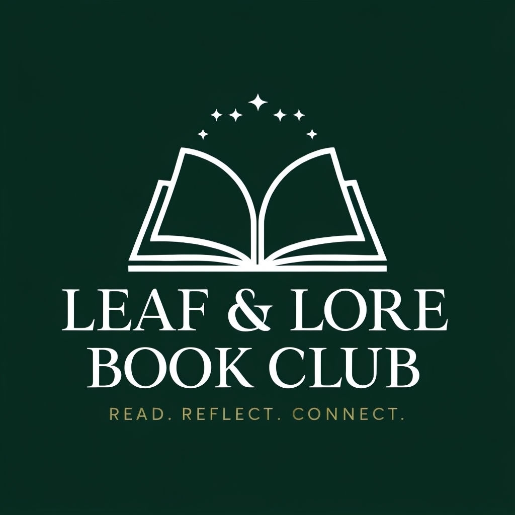 Elegant Leaf & Lore Book Club Logo with Open Book and Stars