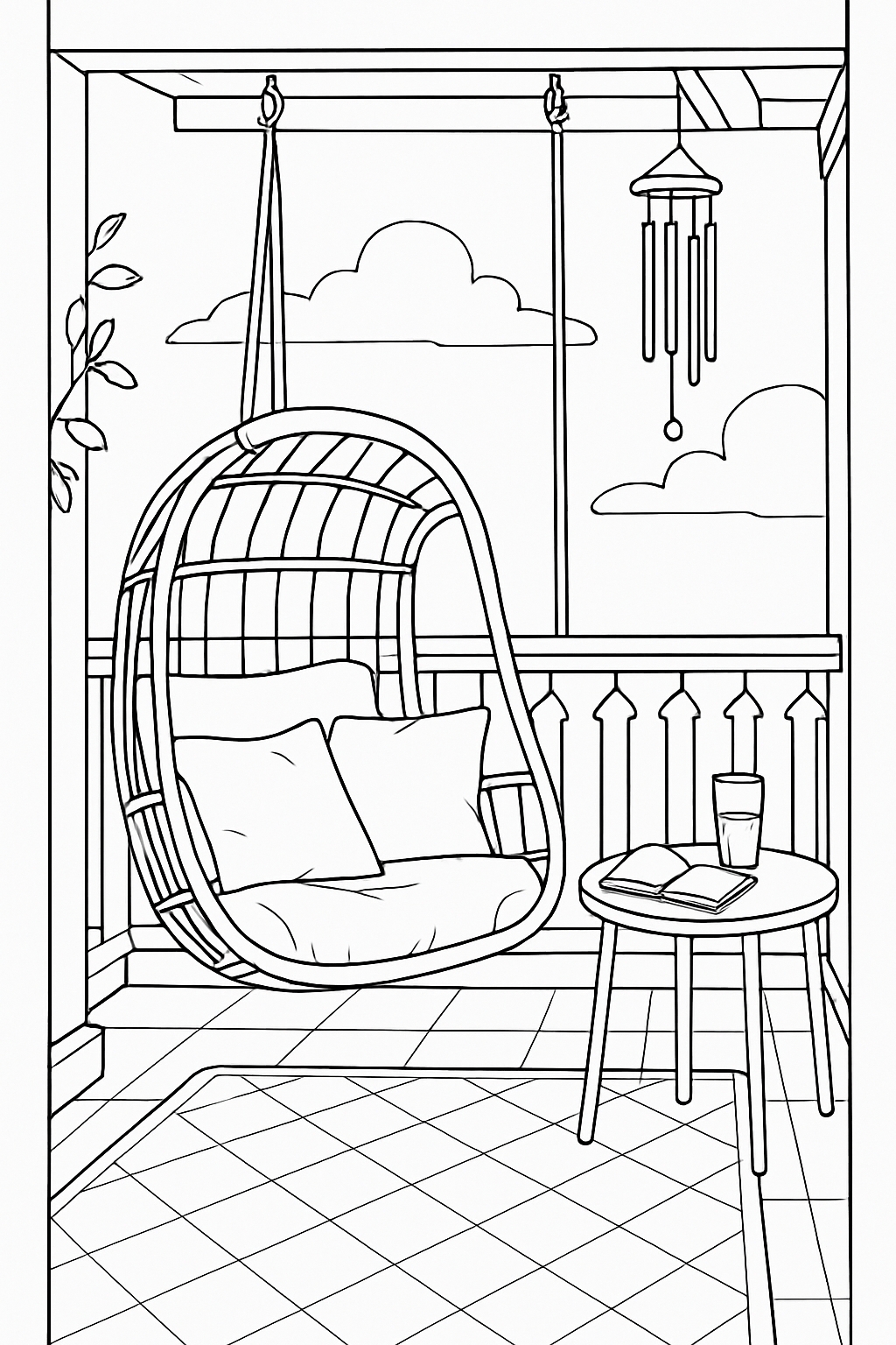 Cozy Balcony Scene with Hanging Chair Line Drawing for Coloring Book Pages