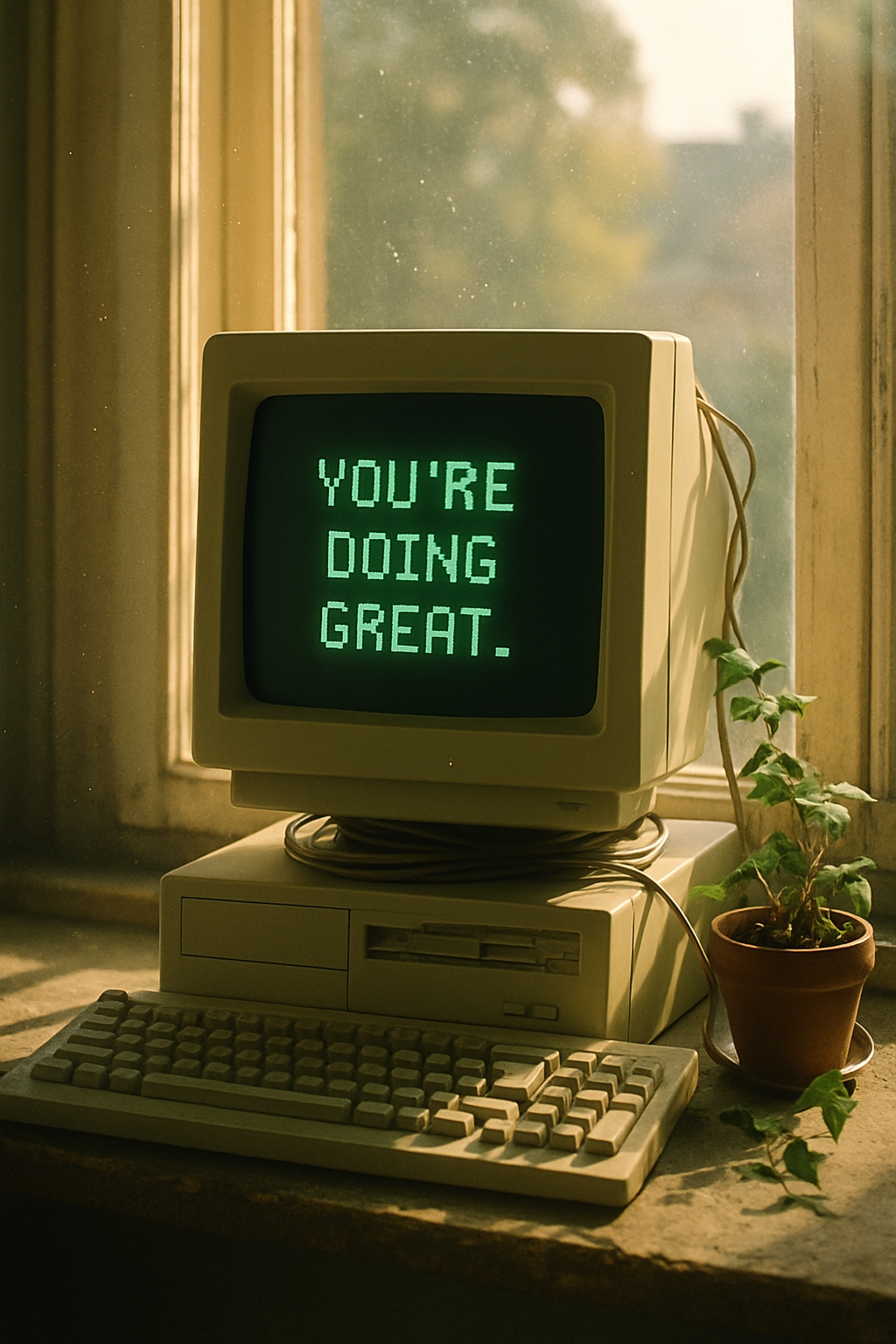 Nostalgic CRT Computer Setup with Motivational Message Social Media Post