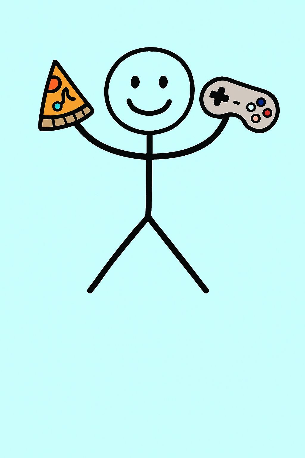 Playful Stick Figure with Pizza and Game Controller Poster
