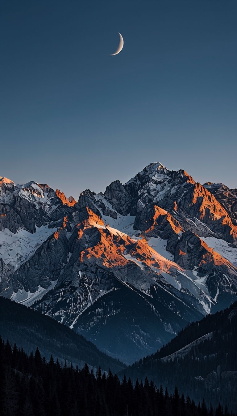 Serene Mountain Landscape at Twilight with Crescent Moon Mobile Wallpaper