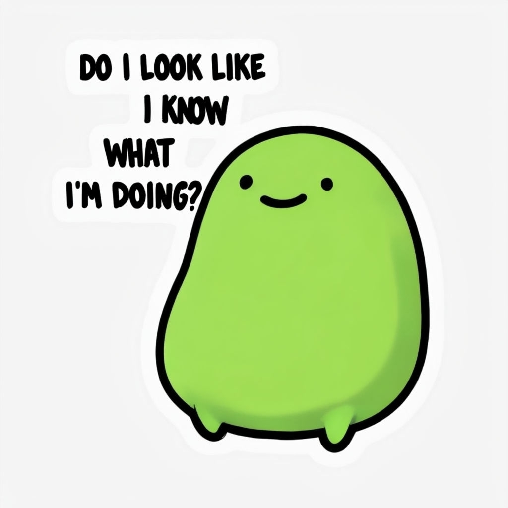 Playful Green Character with Humorous Text Meme Illustration