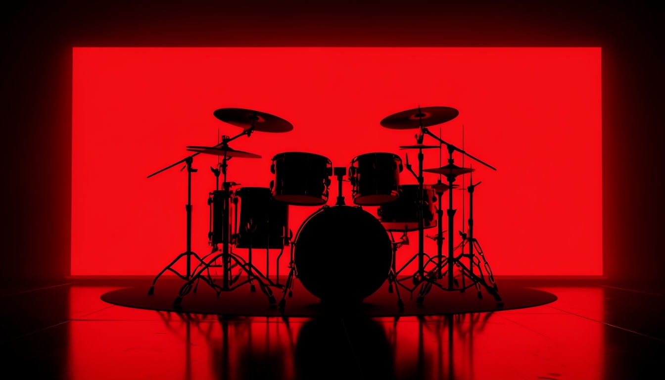 Dramatic Silhouette of Drum Set on Vivid Red Background Virtual Background