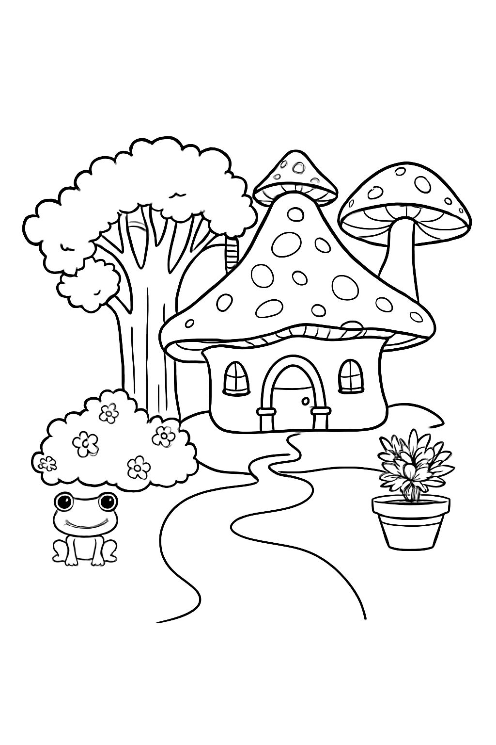 Whimsical Black and White Mushroom House Fantasy Scene Coloring Book Pages