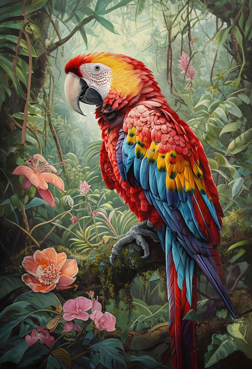 Vibrant Scarlet Macaw Perched in Tropical Jungle Art