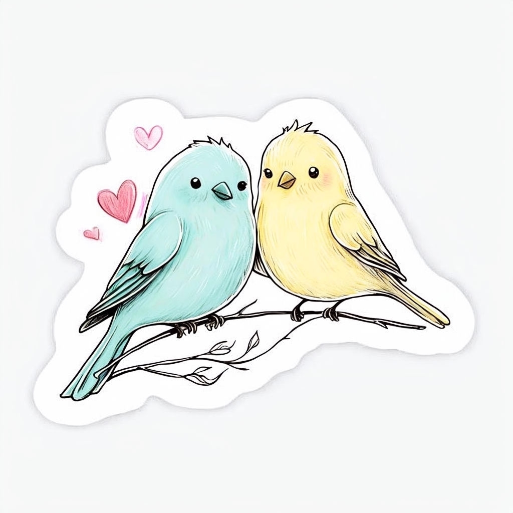 Charming Cartoon Love Birds with Hearts Sticker