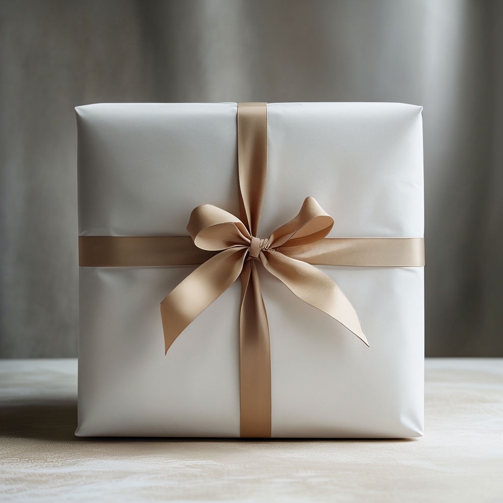 Elegant White Gift with Tan Ribbon on Textured Surface Mockup