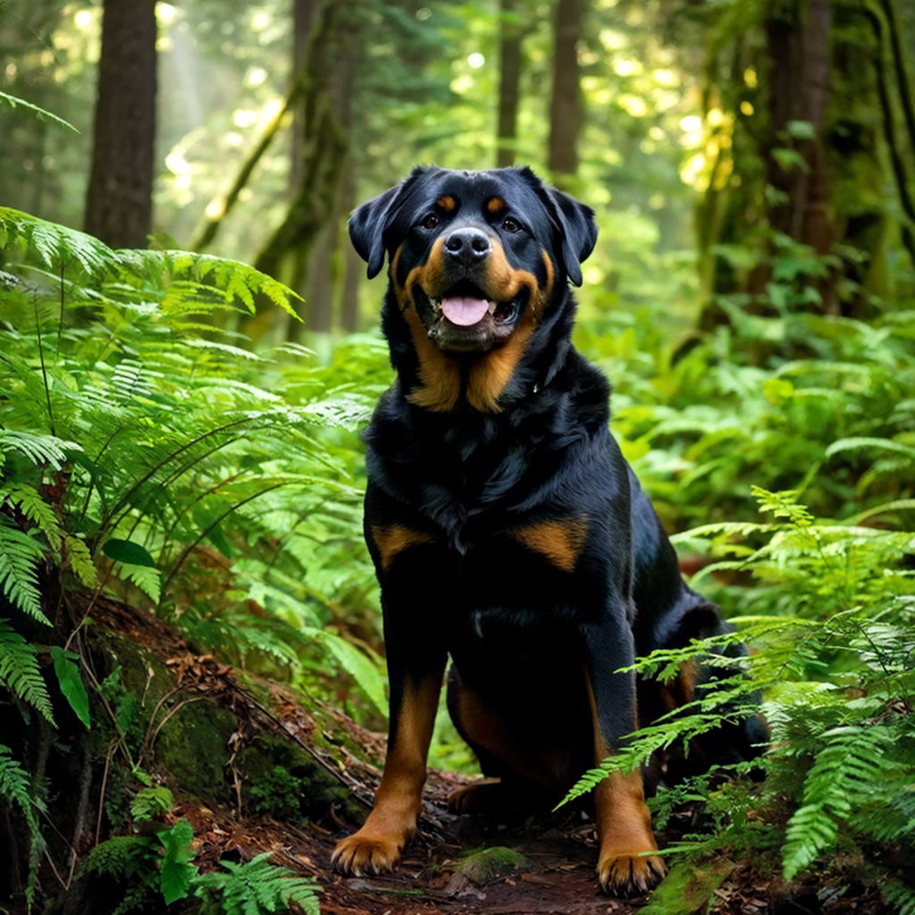 Rottweiler, ears perked up, snout deep among the damp forest underbrush, tail mid-wag, eyes alive with joy, specifically contrasted against the dense green of ferns and moss-covered trees, sunlight filtering through the canopy casting dappled shadows, capturing the essence of a content, engaged hound in its natural environment, golden hour glow, with a sense of depth and immersion, ultra-clear, digital painting.