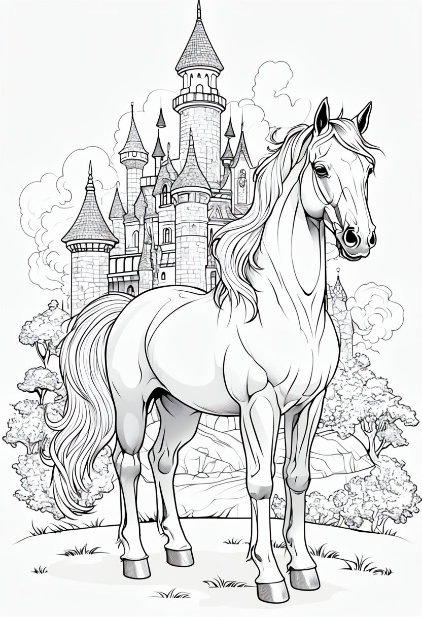 Elegant Black-and-White Horse and Castle Line Art Poster