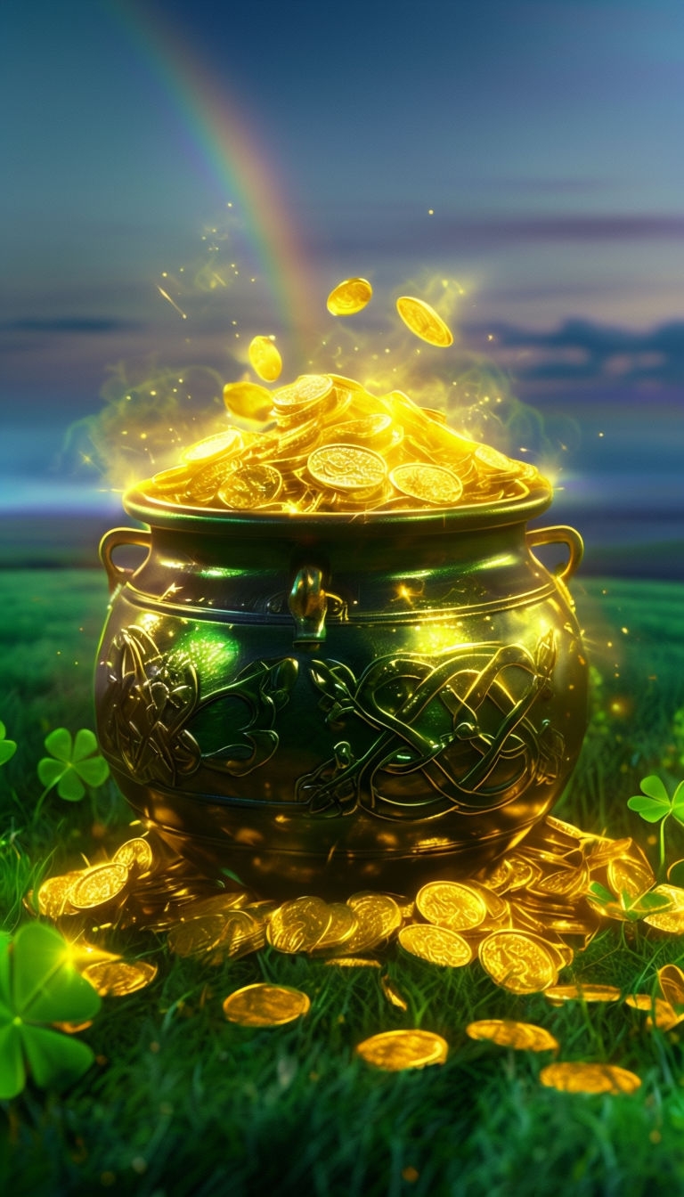 Glowing Pot of Gold with Sparkling Coins and Clovers Mobile Wallpaper