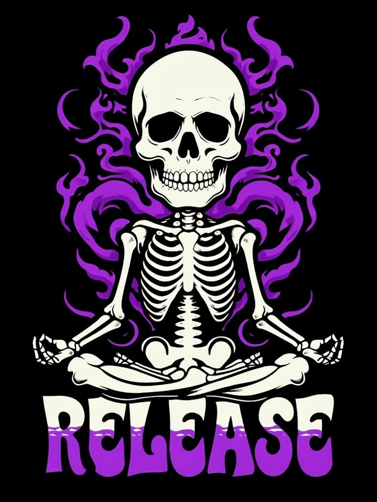 Stylized Skeleton in Lotus Pose with Mystical Violet Smoke T-Shirt