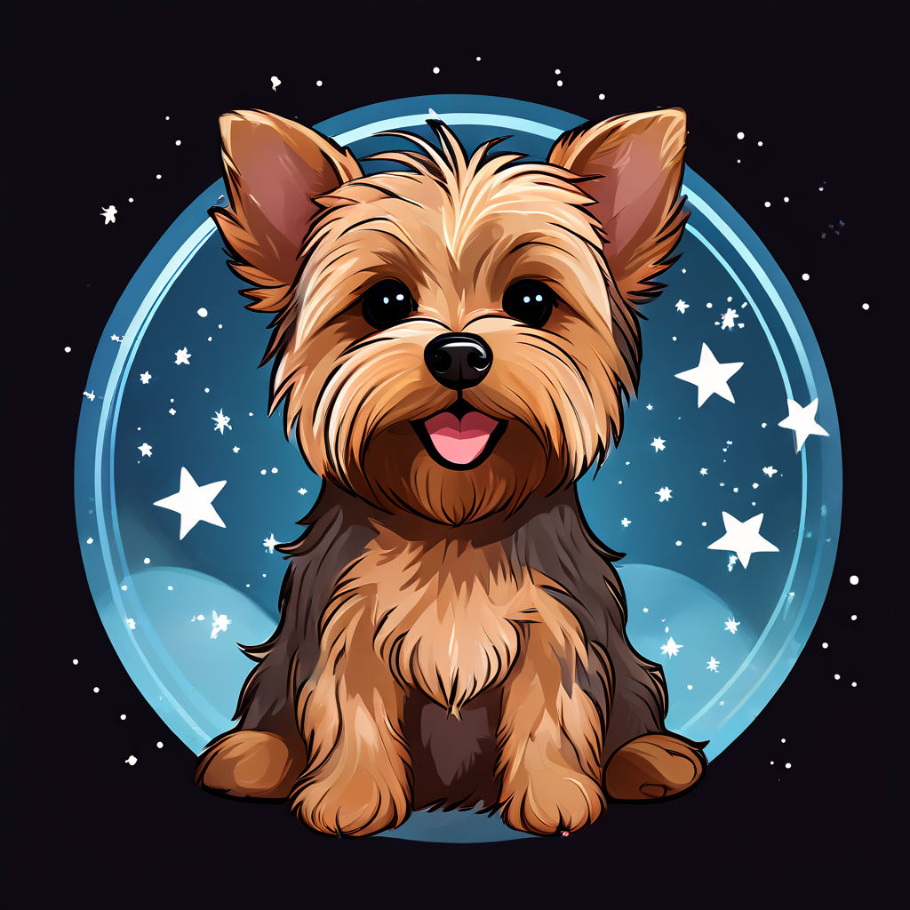 Prompt: A beutiful yorkie terrier, drown with an animated style, using beige colours, the yorkie is on beige circle with stars. (all are in an animated style). The Yorkie has all brown and shiny fur up to the head, and the back is black all the way down. The yorkie is smiling. Draw her next to a teddy bear. Make it simple, and minimalist.