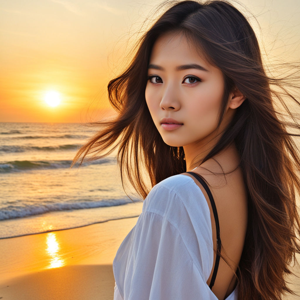 Cute Asian girl in a beach