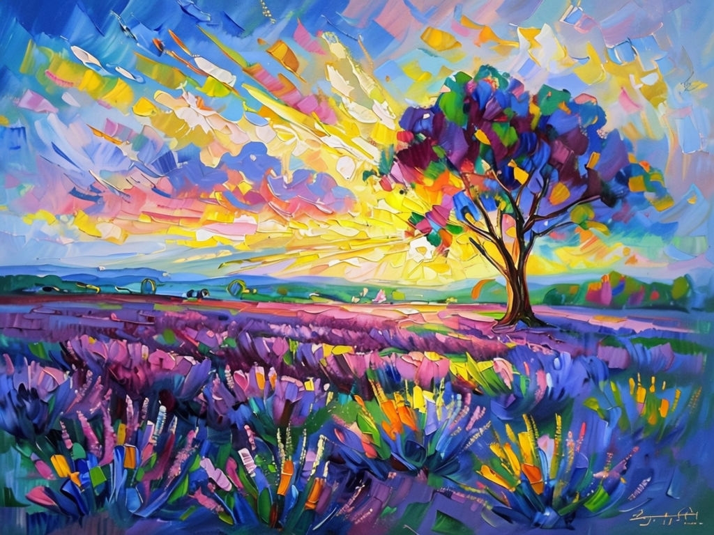 Vibrant Lavender Sunset Landscape Painting with Impressionistic Style Art