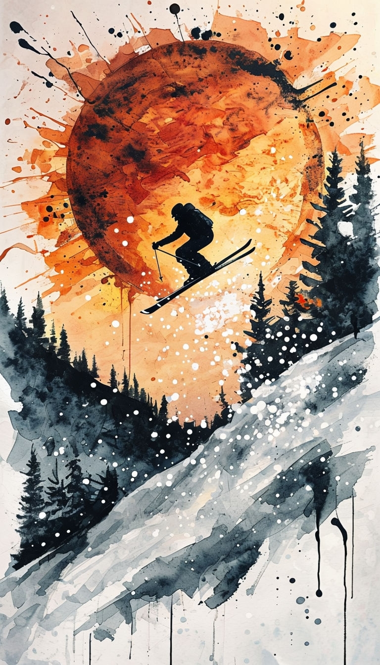 Dynamic Watercolor Skiing Adventure in Snowy Mountains Art