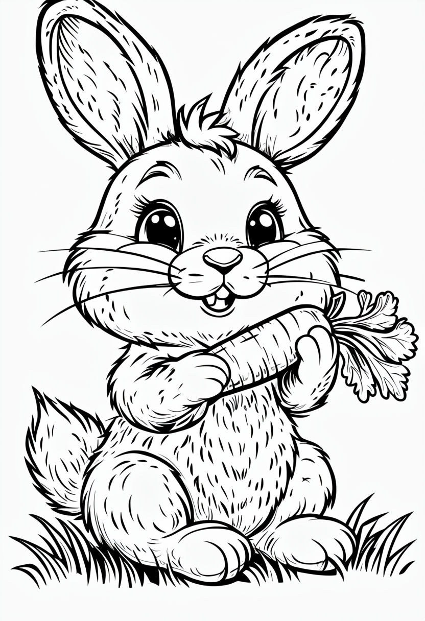 Cute Cartoon Bunny with Carrot Coloring Book Page Design