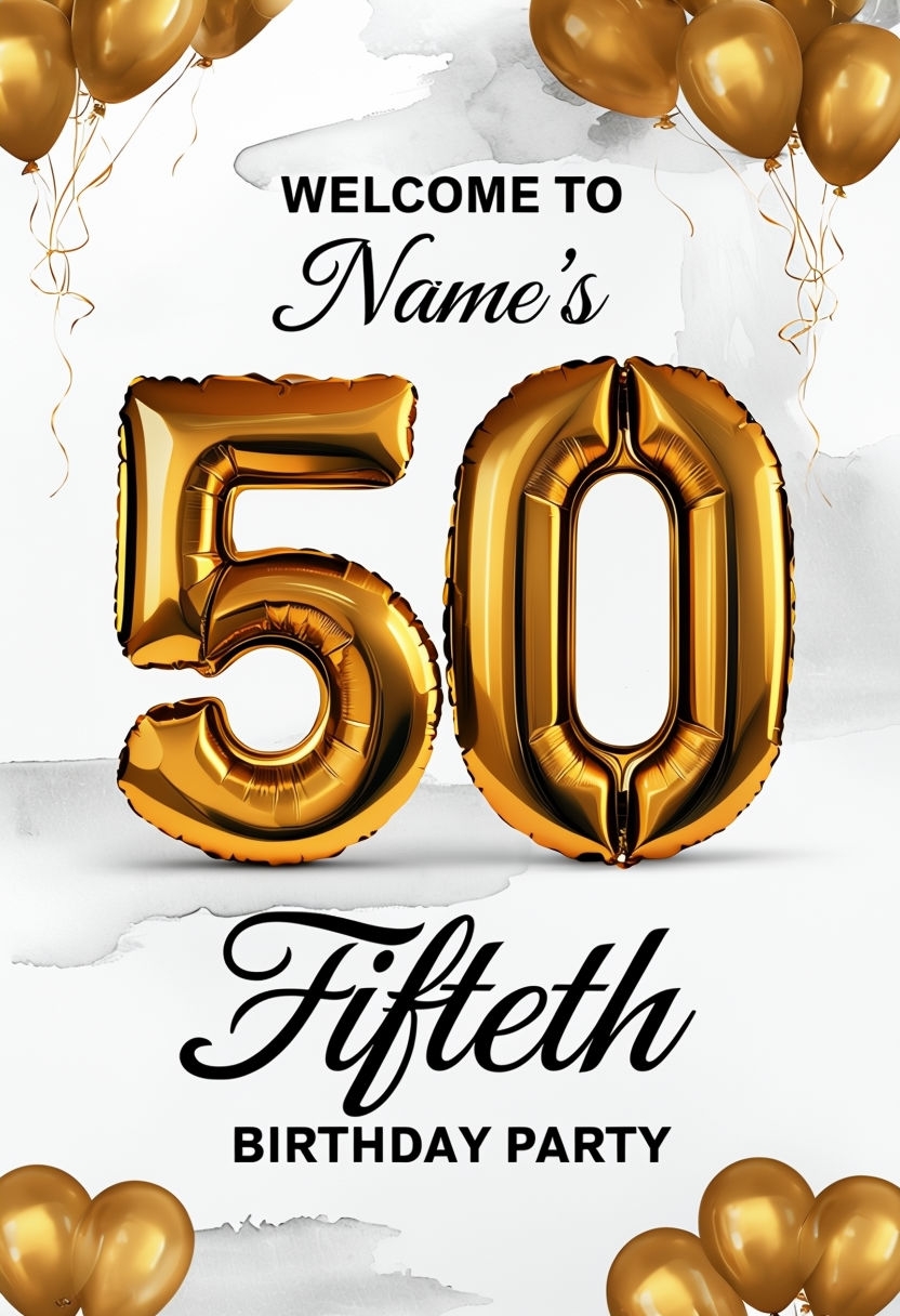 Gold Balloon 50th Birthday Party Sign with Elegant Text Design