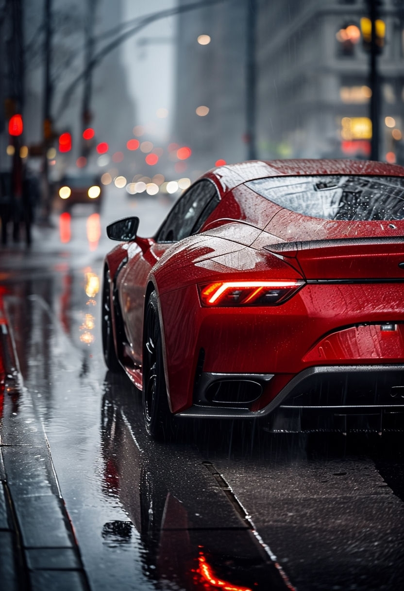 Crimson Sports Car Reflected on Rain-Slicked City Street Mobile Wallpaper