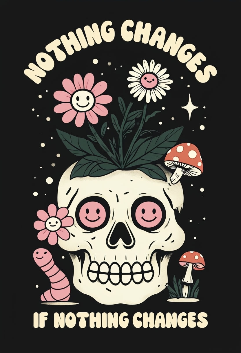 Whimsical Skull with Flowers and Smiling Faces Poster