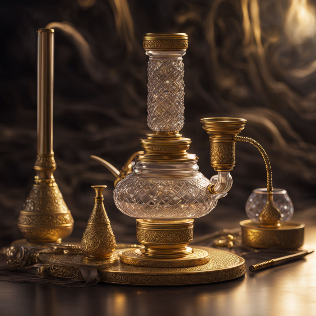On the low oriental table there is a futuristic concept of a rectangular crystal and gold hookah with a pipe, trending on artstation, sharp focus, studio photo, intricate details, highly detailed, by greg rutkowski