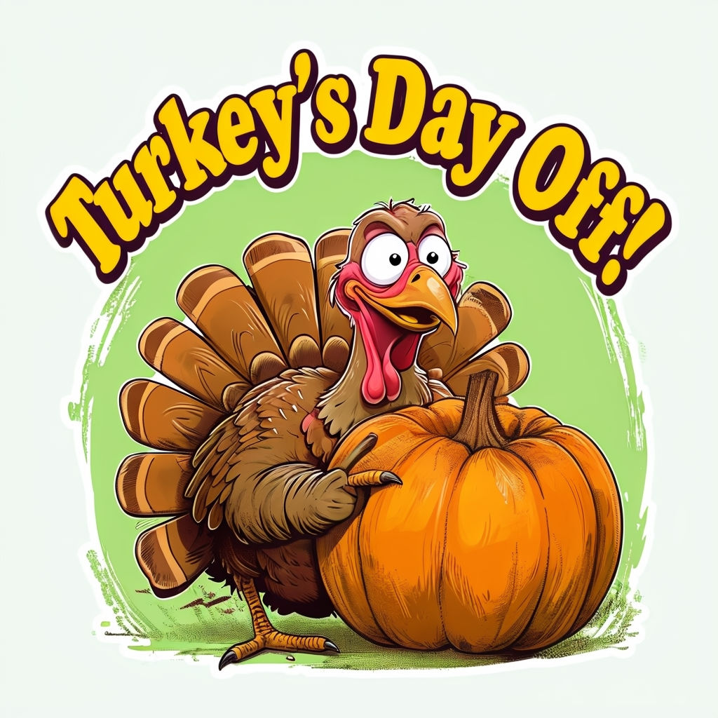 Humorous Cartoon Turkey Hiding Behind Pumpkin Sticker