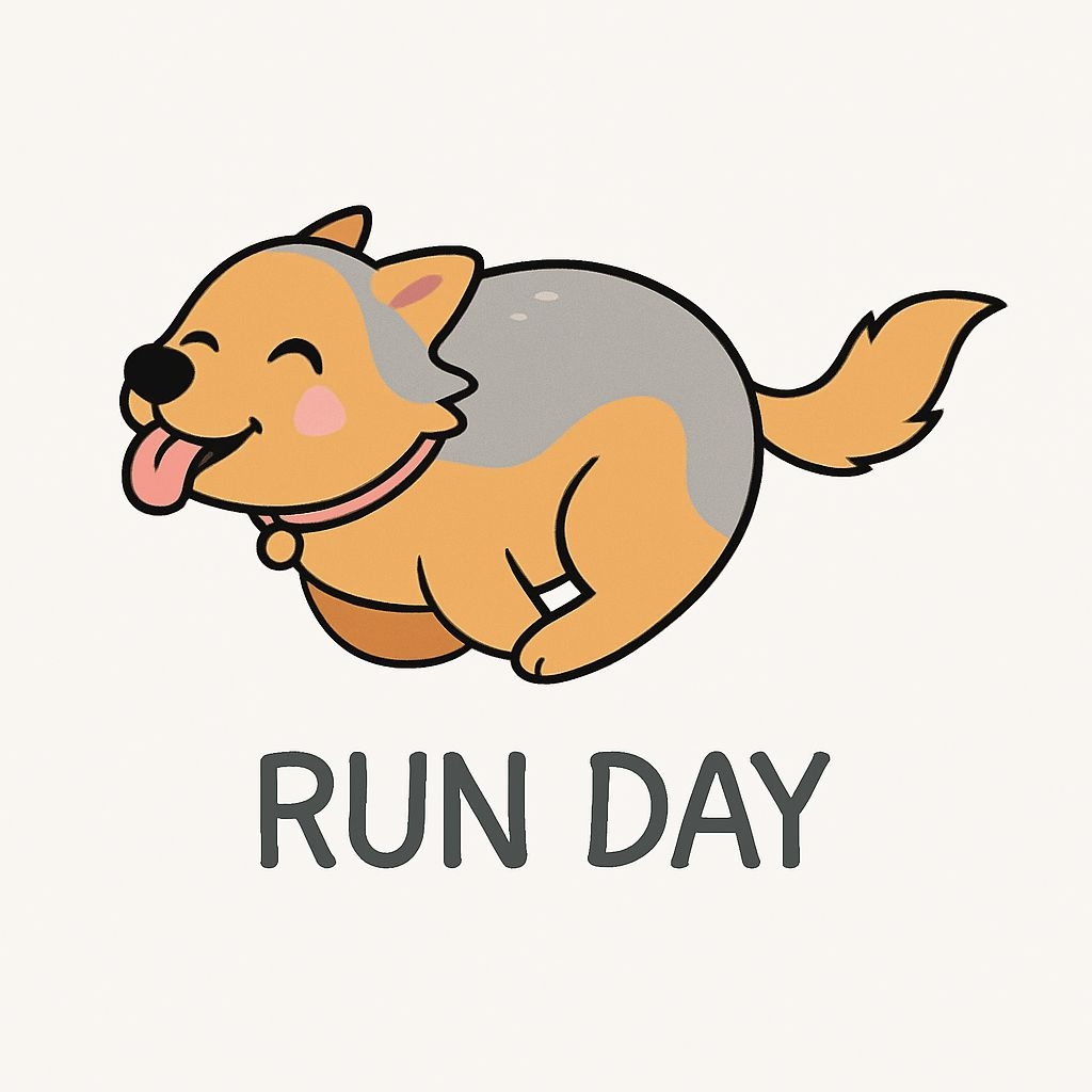 Cheerful Cartoon Dog Running with 'RUN DAY' Text Sticker