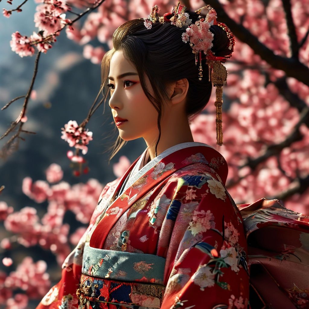 Anime、Manga girl wearing a kimono、Japanese Shrine Maiden、Cherry