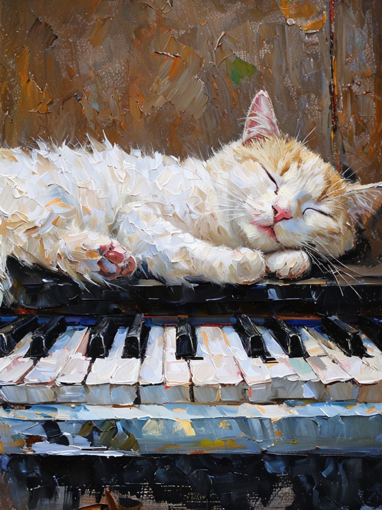 Serene Impressionist Painting of a Sleeping Cat on Piano Art