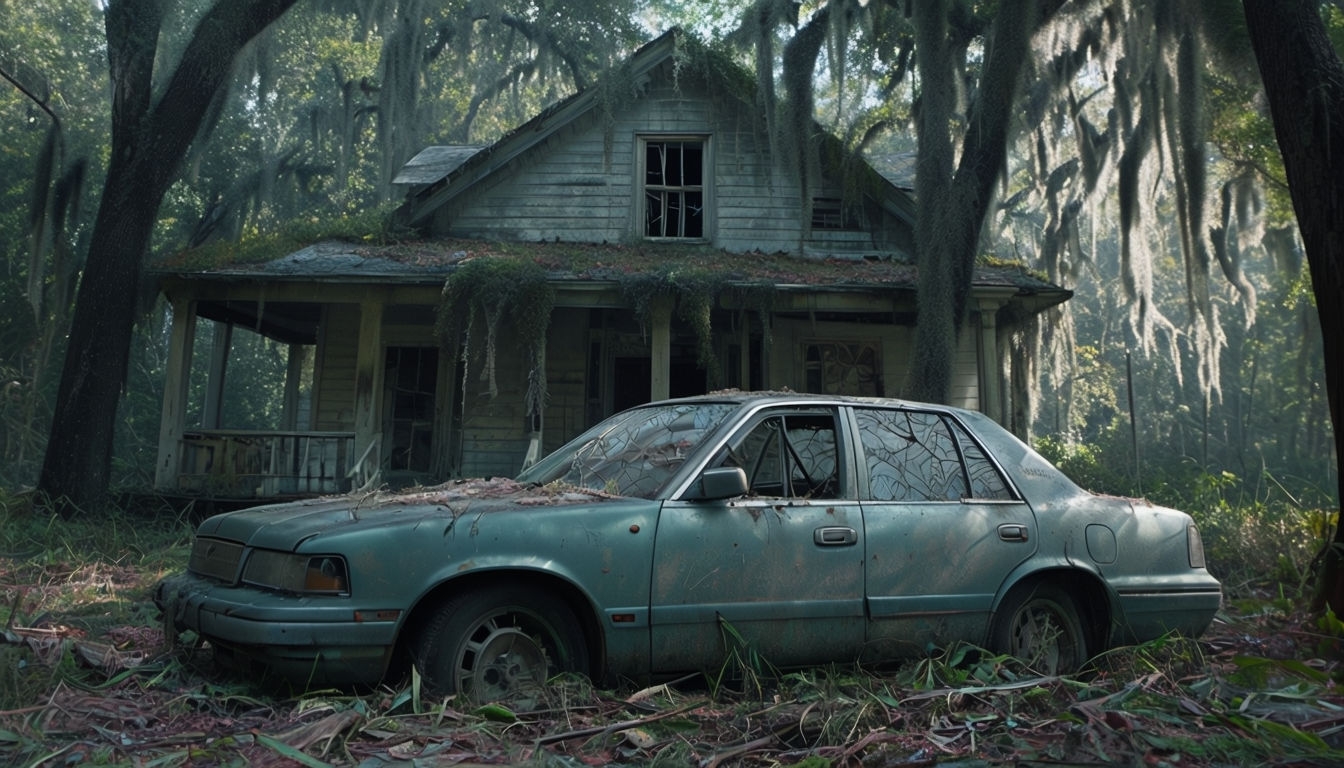 Abandoned Louisiana Swamp Scene with Decaying Car and House Background