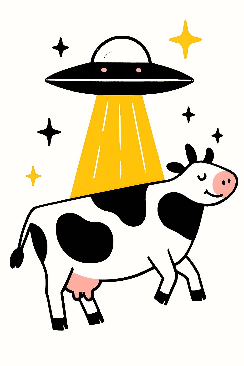 Whimsical Cartoon Cow Under Flying Saucer Illustration Poster