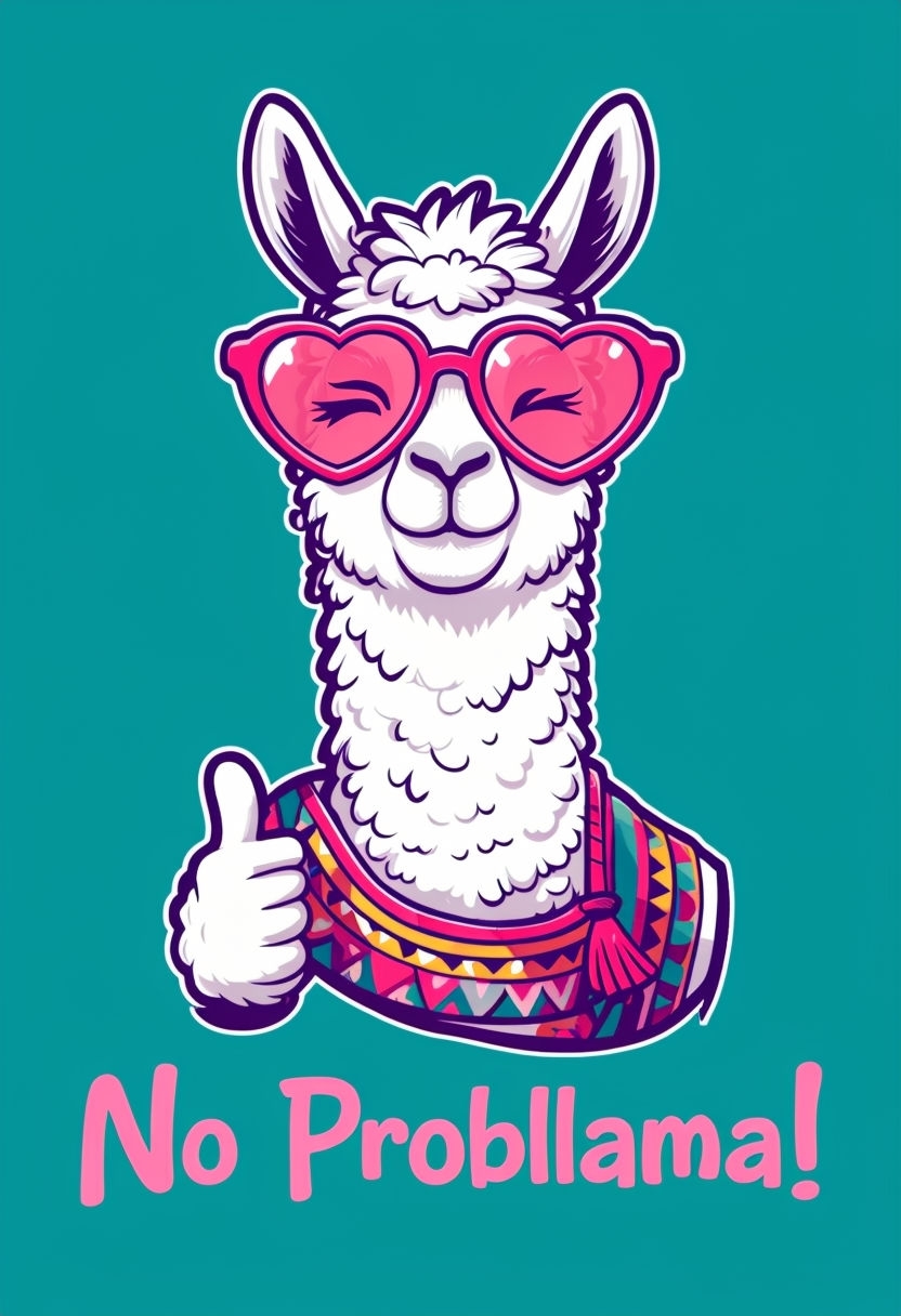 Playful Cartoon Llama with Heart Sunglasses T-Shirt