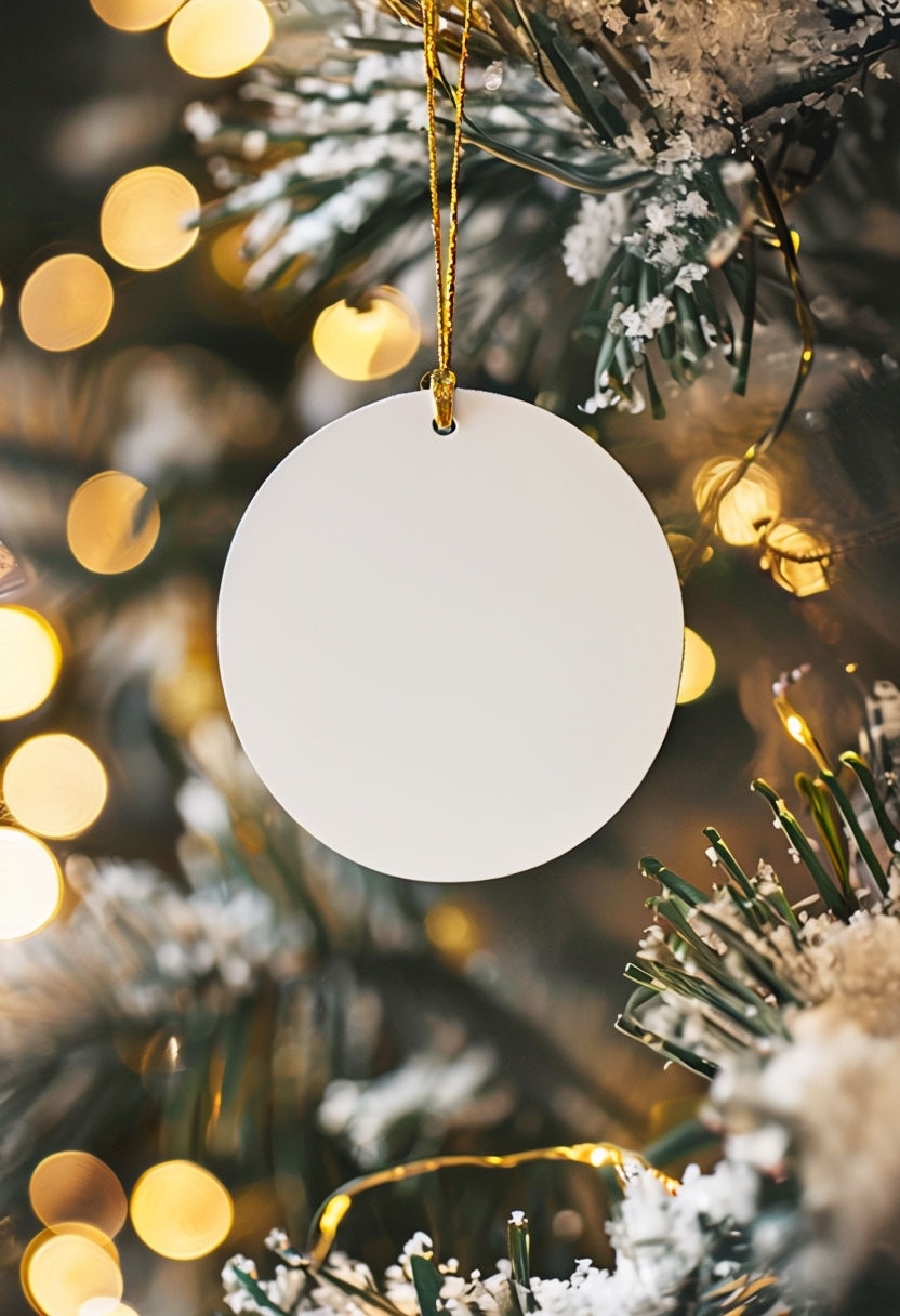 Blank White Christmas Ornament with Festive Background Mockup