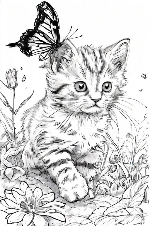 Adult coloring page of a Kitten chasing a butterfly. vivid l... by ...
