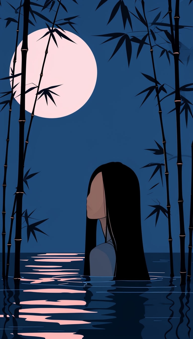 Serene Minimalist Moonlit Water Scene with Female Silhouette Mobile Wallpaper