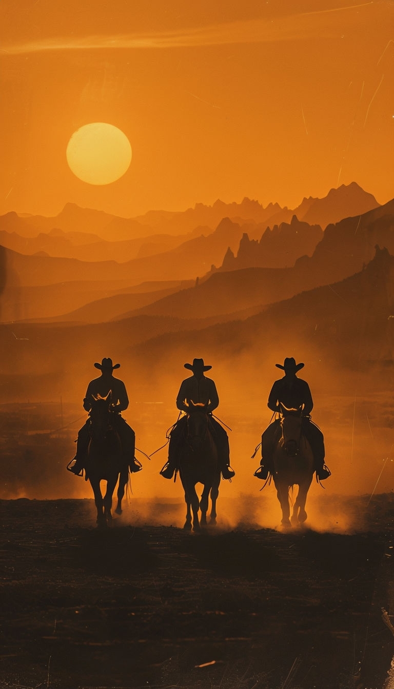 Silhouetted Cowboys Riding at Sunset in Western Landscape Mobile Wallpaper