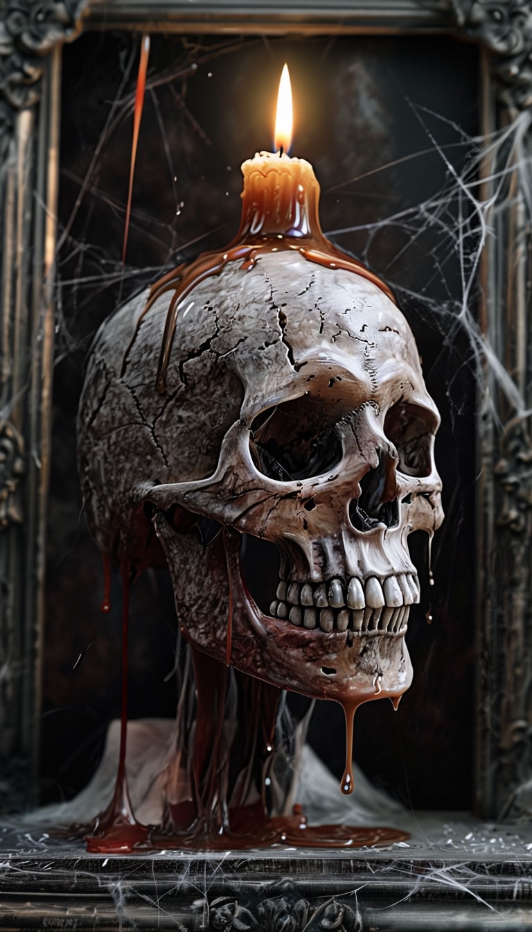 Realistic Cracked Skull with Candle and Cobwebs Mobile Wallpaper