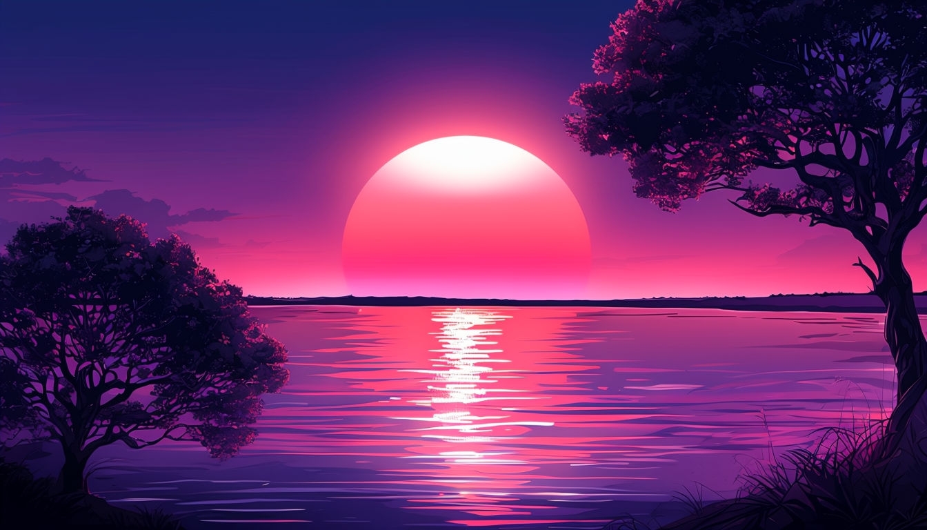 Serene Sunset Landscape with Silhouetted Trees Virtual Background