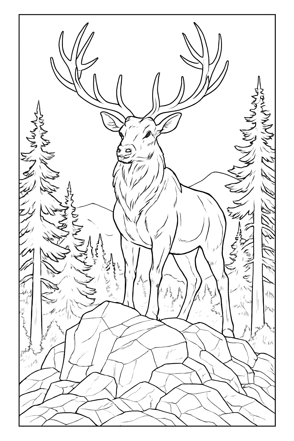 Majestic Elk Line Drawing in Forest Setting Coloring Page