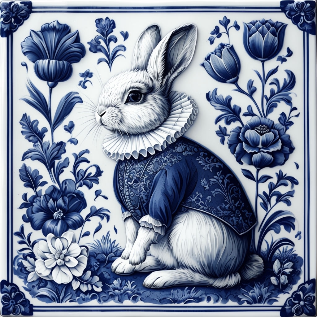 Elegant Anthropomorphic White Rabbit with Floral Designs Pattern