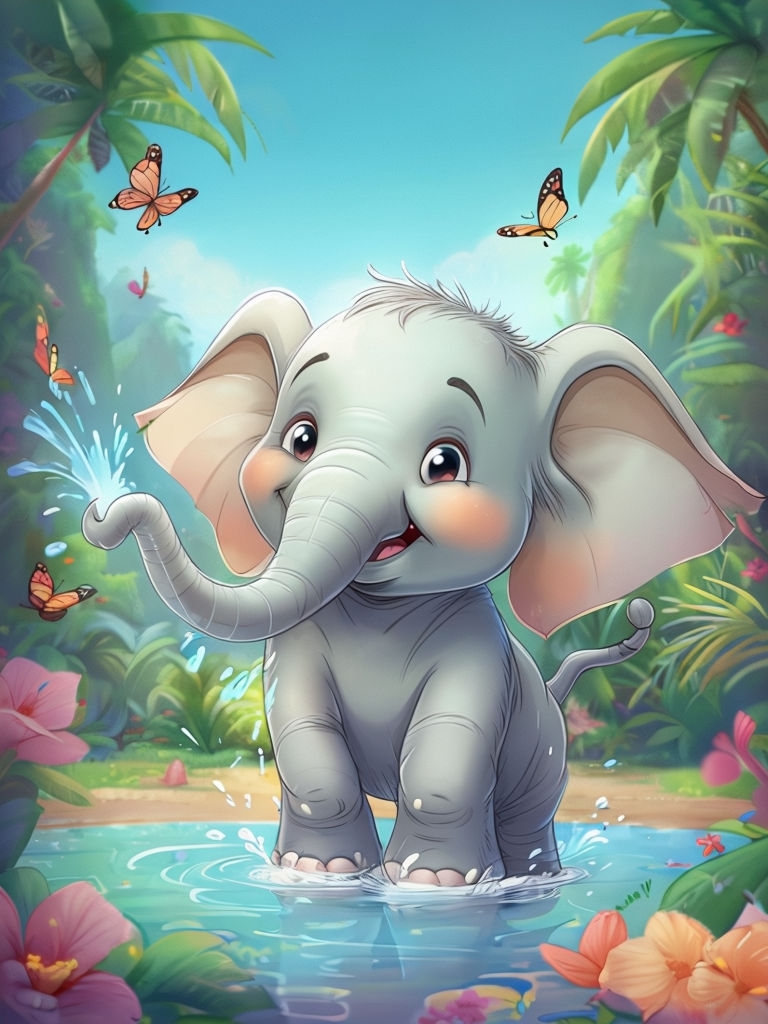 Playful Cartoon Elephant Splashing Water in Tropical Paradise Art