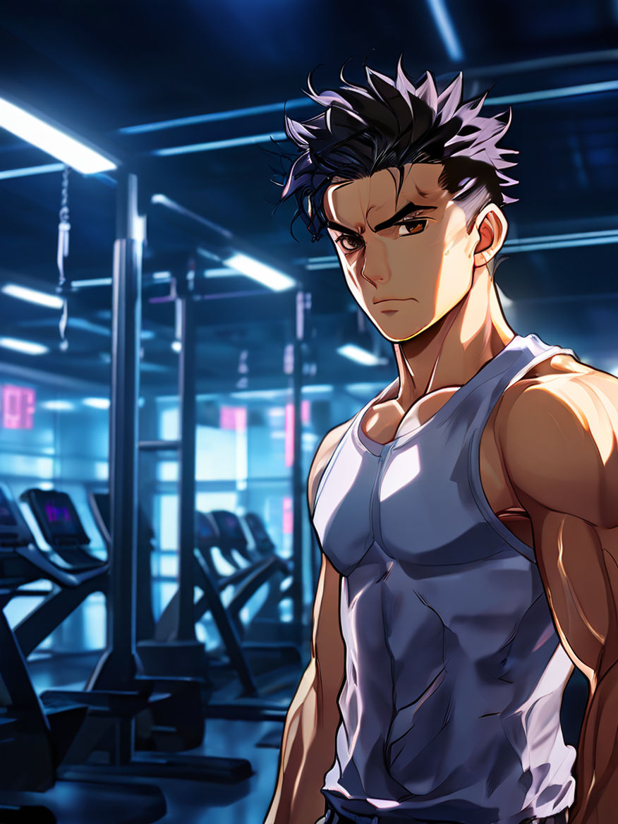 Fit male working out in the gym anime version listing to music