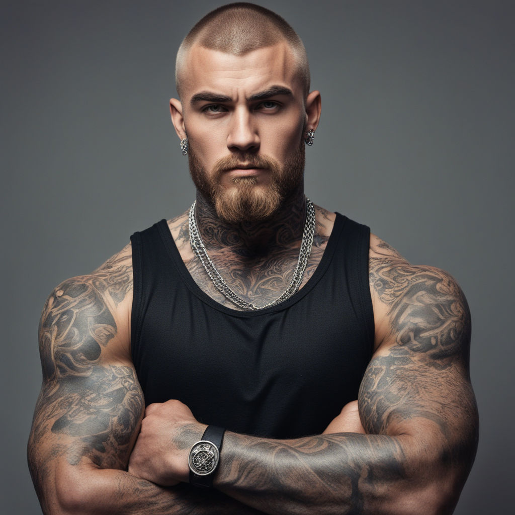 Huge very tall bald fat beefy russian man with tattoos