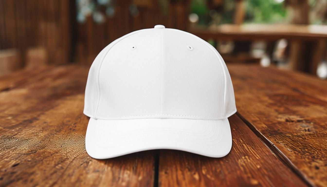 Pristine White Baseball Cap on Rustic Wooden Table Mockup