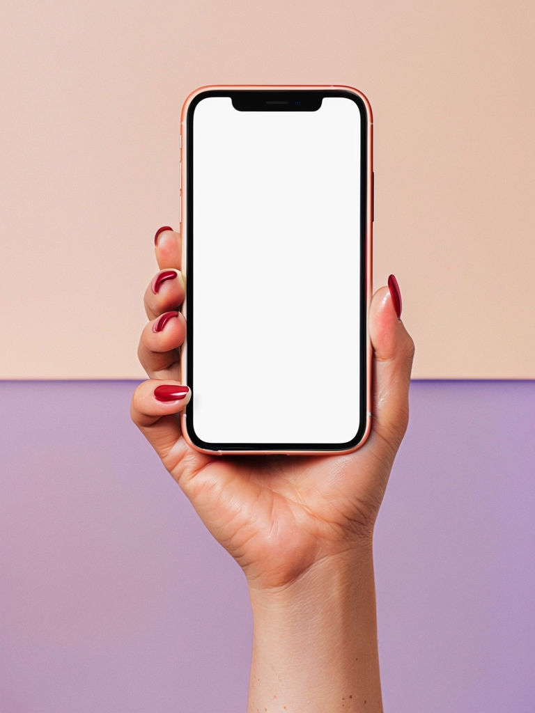 Minimalist Hand Holding iPhone Mockup with Glossy Red Nails