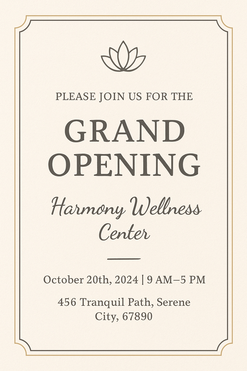 Elegant Grand Opening Invitation for Harmony Wellness Center Card