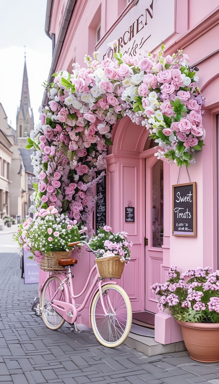 Charming Urban Bakery Scene with Vibrant Floral Display Mobile Wallpaper