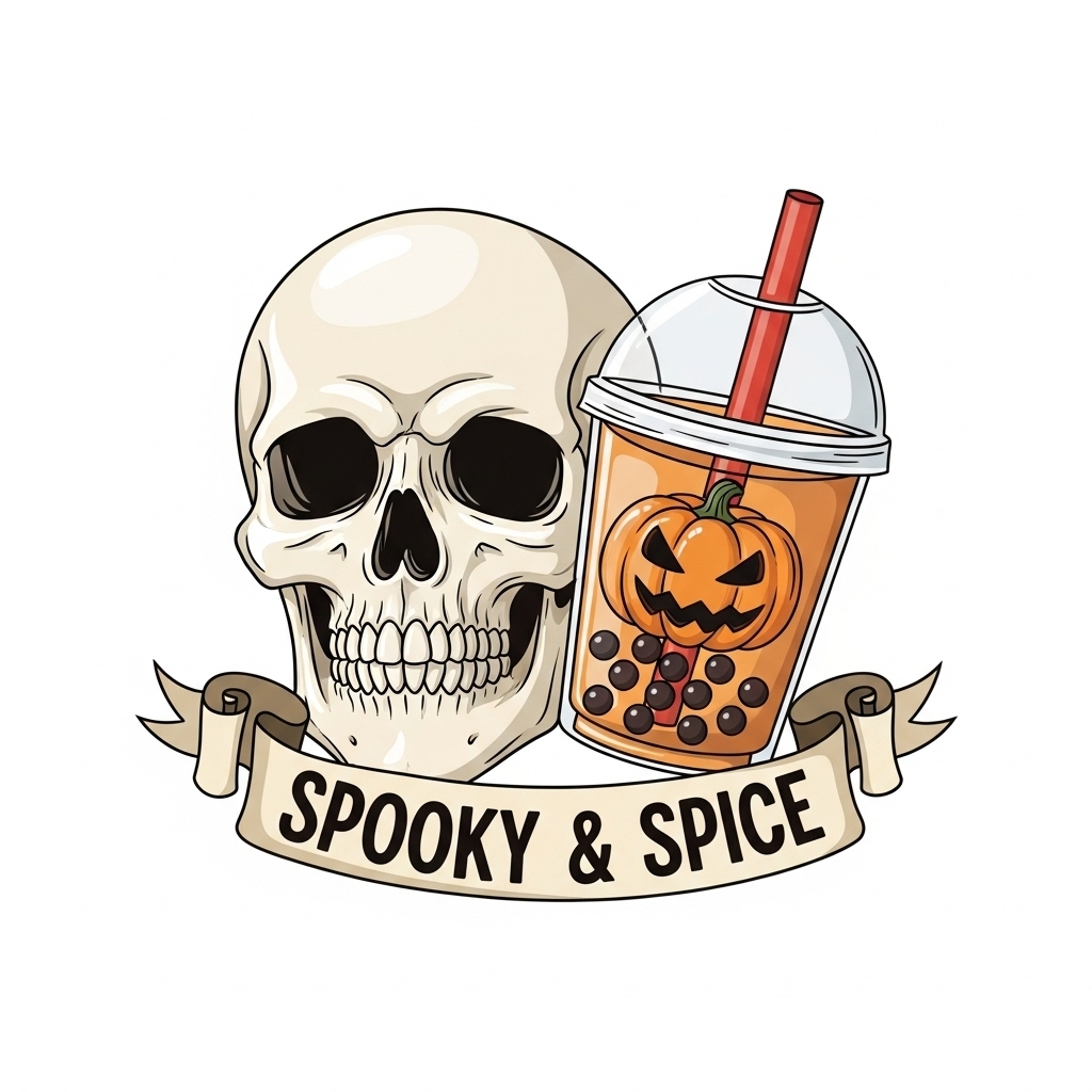Spooky & Spice Skull and Bubble Tea Illustration T-Shirt